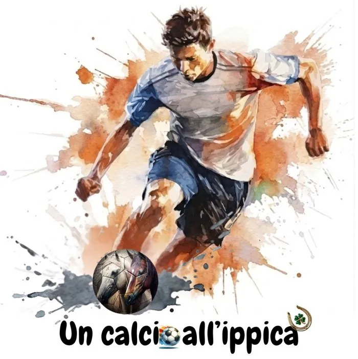 Un calcio all'ippica: calciatore in acquerello con un pallone decorato da teste di cavallo